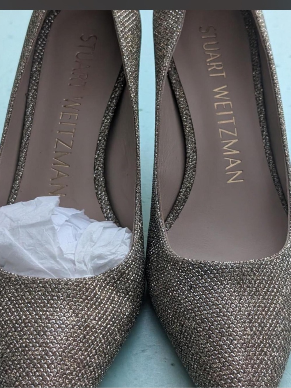 Stuart Weitzman Metallic Taupe Glitter Pointed-Toe Flats